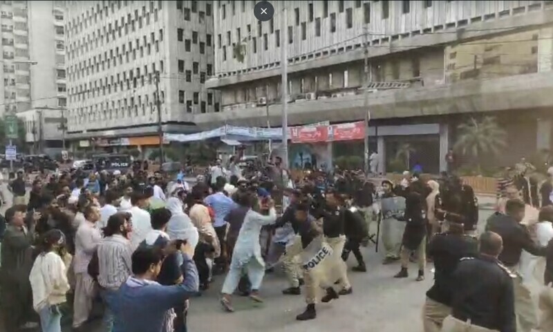 Police clash with crowd protesting killing of Dr Shahnawaz outside Karachi Press Club